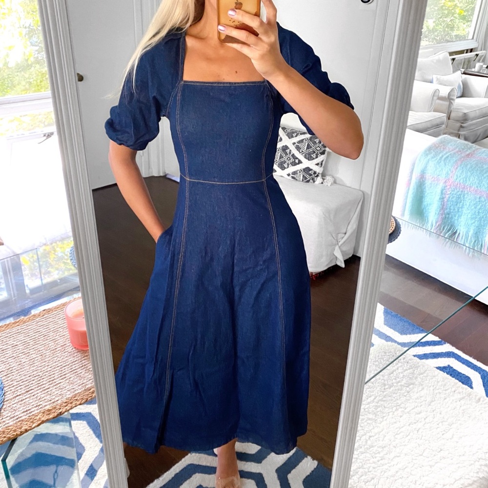 💙 ZARA DARK WASH DENIM PUFF SLEEVE MAXI DRESS!